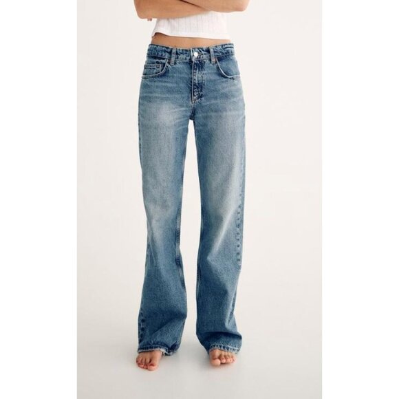 ZARA High Rise Wide Leg Straight Cut Long Length Jeans Medium Blue Size 6 - Picture 1 of 6